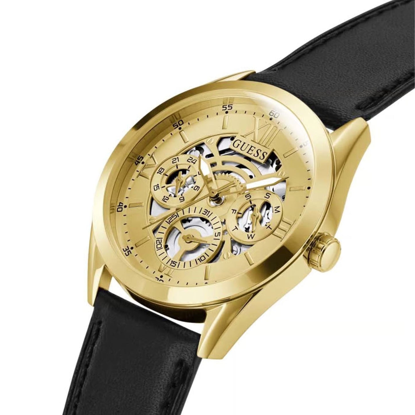 Guess Tailor GW0389G2 Men’s Multifunction Watch – Gold Dial, Black Leather Strap, 42mm Quartz
