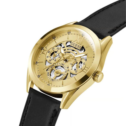 Guess Tailor GW0389G2 Men’s Multifunction Watch – Gold Dial, Black Leather Strap, 42mm Quartz