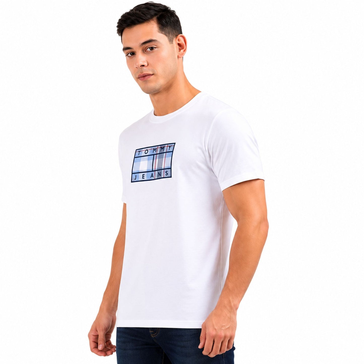 TOMMY HILFIGER Men Checkered Round Neck T-Shirt - White