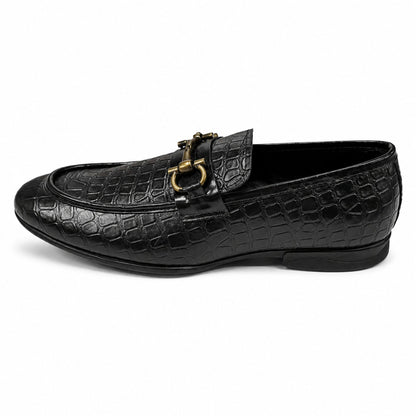 ROSSO BRUNELLO Croc Texture Slip-On Loafers for Men - Black