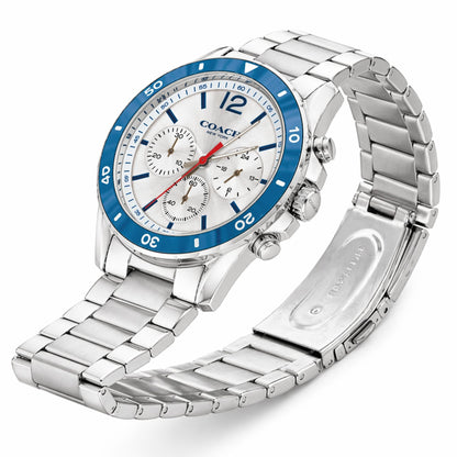 Coach Sullivan 14602085 Men’s Chronograph Watch – White Dial, Blue Bezel, Stainless Steel Strap, 44mm Quartz