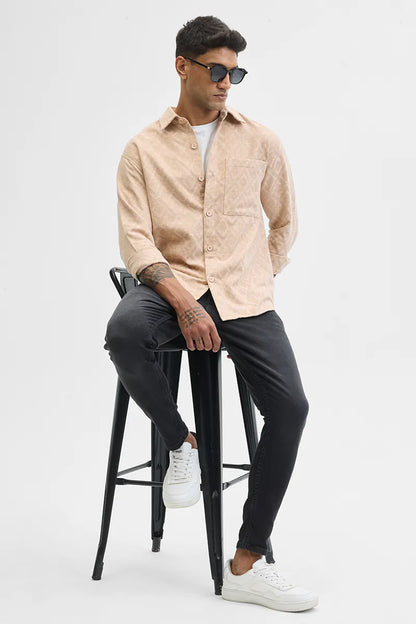 Snitch Beige Geometric Regular Fit Overshirt for Men