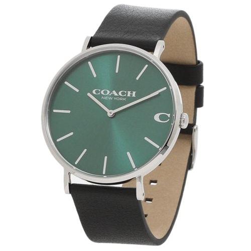 Coach Charles 14602436 Men’s Analog Watch – Green Dial, Black Leather Strap, 41mm Quartz
