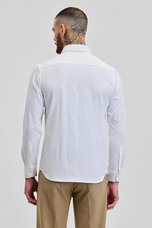 Snitch White Slim Fit Self Design Spread Collar Shirt for Men