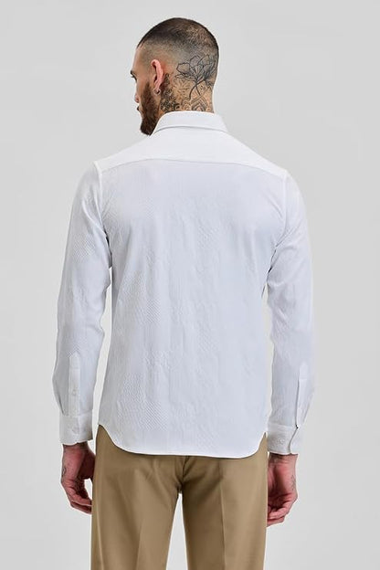 Snitch White Slim Fit Self Design Spread Collar Shirt for Men