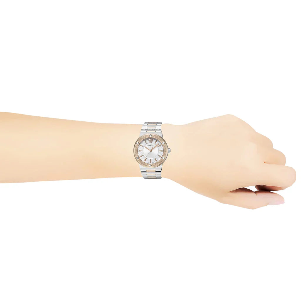 Versace VEVH01020 Greca Women’s Watch | White Dial Two-Tone Stainless Steel | Swiss Quartz Luxury Watch