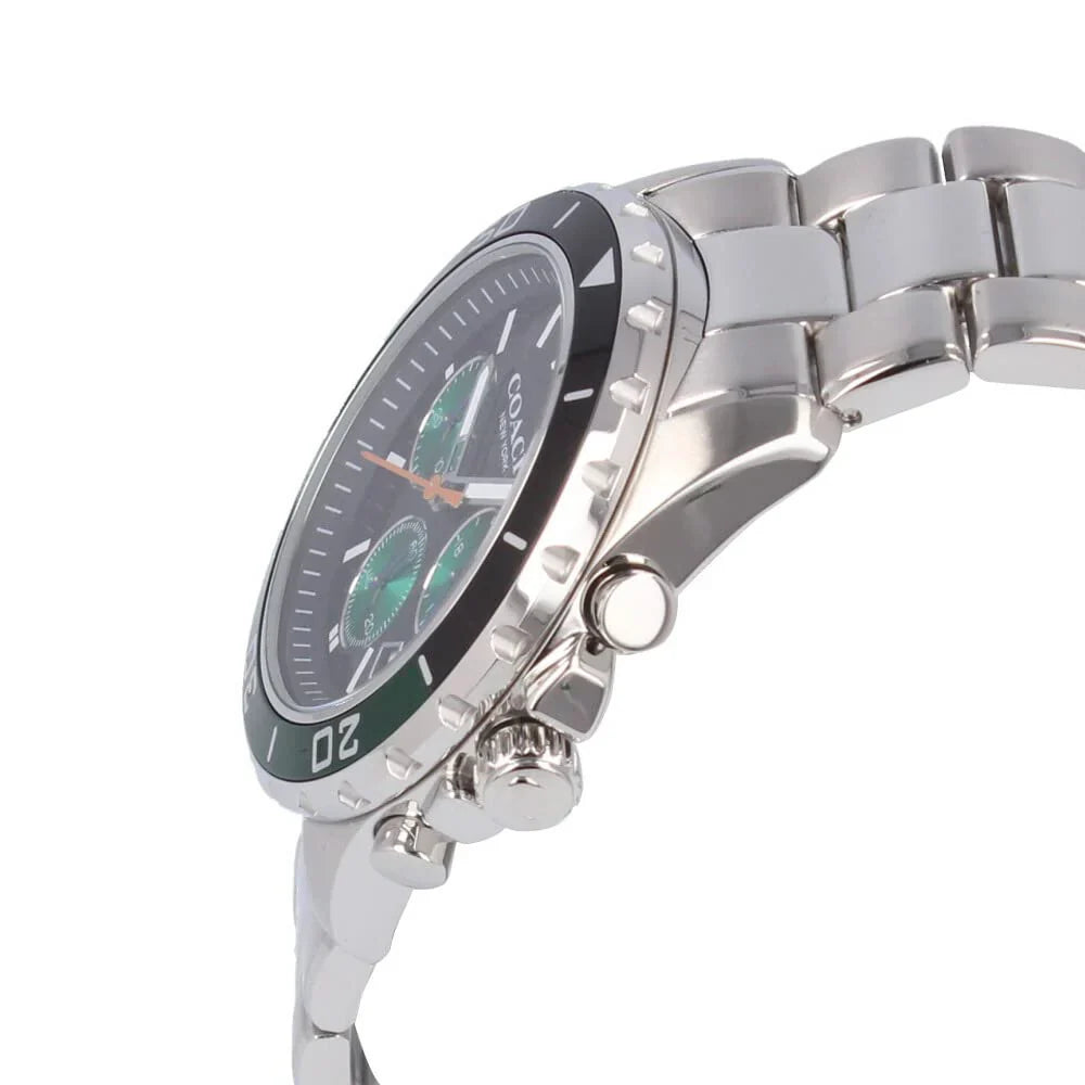 COACH 14602557 Kent Men’s Watch | Black & Green Chronograph Dial | Stainless Steel Bracelet Luxury Watch