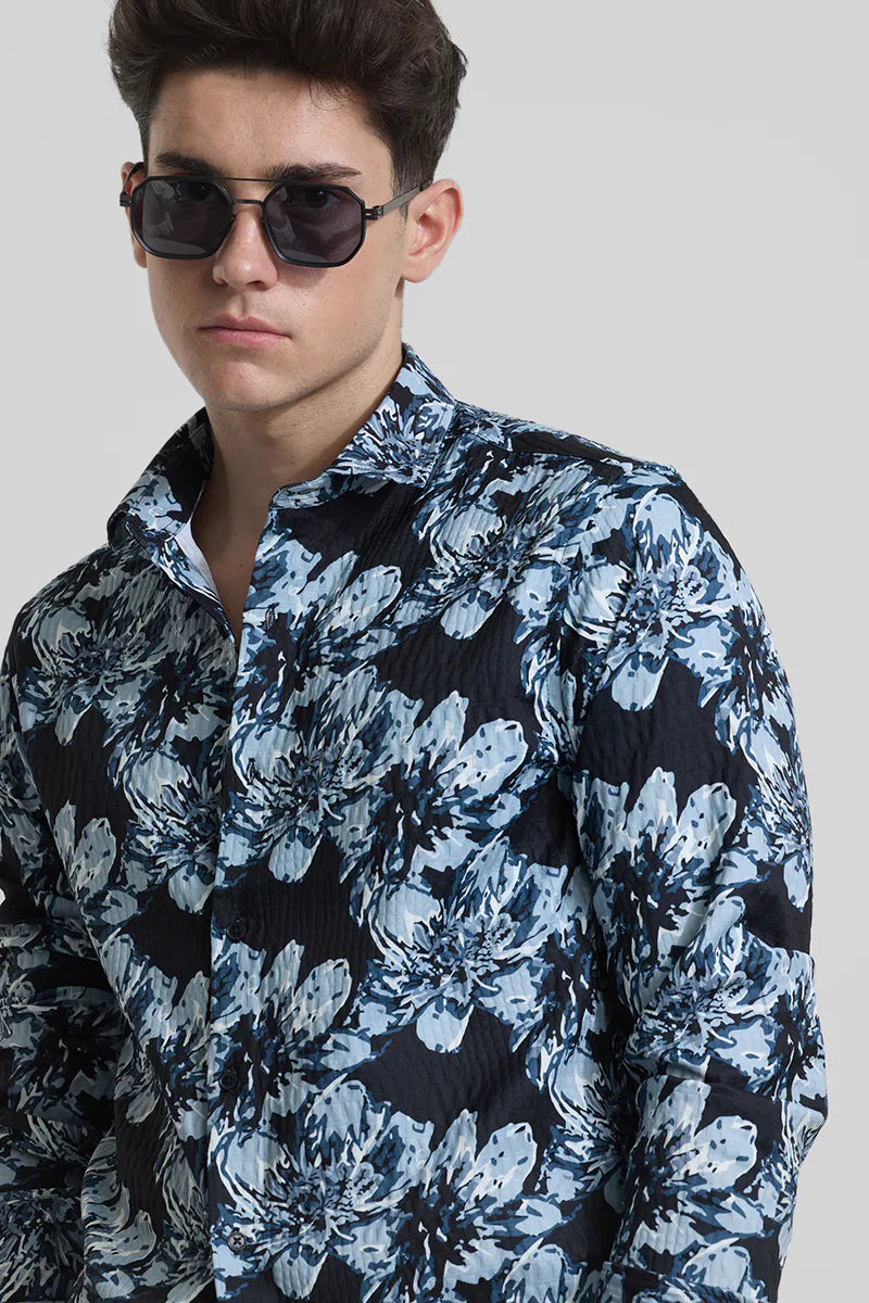 Snitch Black Floral Slim Fit Casual Shirt for Men