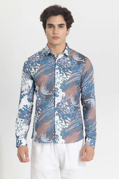 Snitch Blue Textured Abstract Slim Fit Shirt