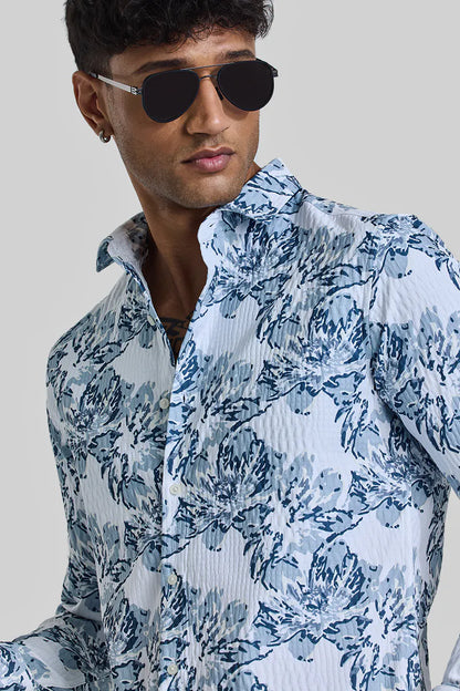 Snitch Light Blue Floral Slim Fit Casual Shirt