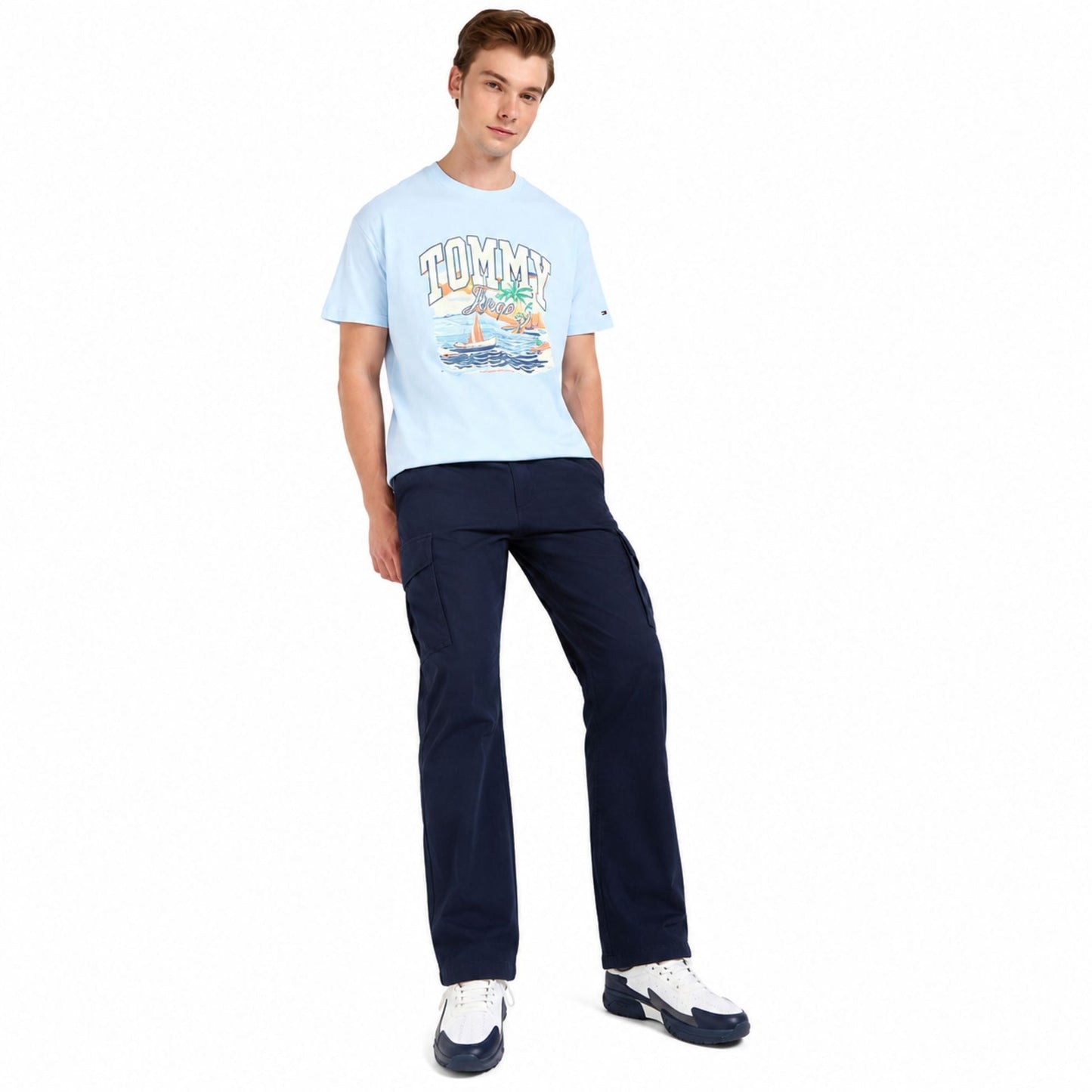 TOMMY HILFIGER Men Graphic Print Crew Neck Cotton Blend T-Shirt - Blue