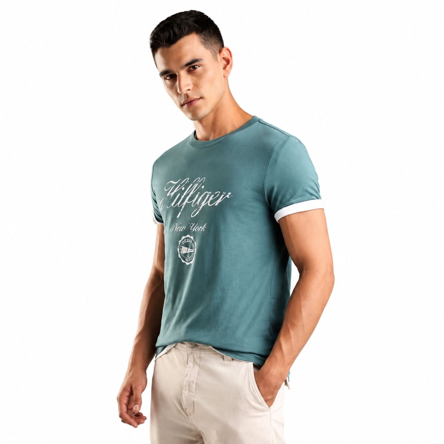 TOMMY HILFIGER Printed Men Crew Neck Cotton T-Shirt - Green