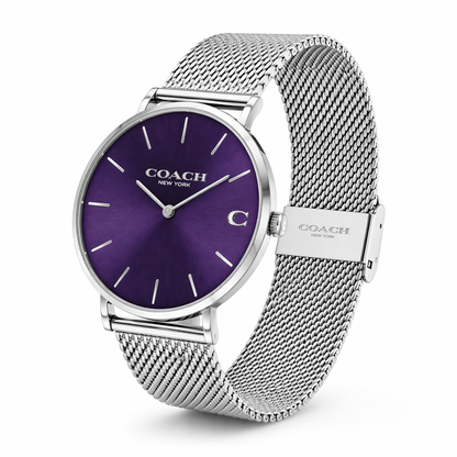 Coach 14602437 Women’s Analog Watch – Purple Sunray Dial, Silver Mesh Strap, 36mm Quartz