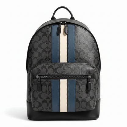 Coach West Signature Canvas Laptop Backpack Black Grey with Varsity Stripe – Premium Designer Travel Backpack