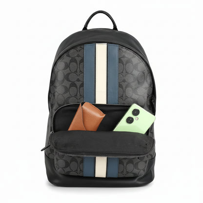 Coach West Signature Canvas Laptop Backpack Black Grey with Varsity Stripe – Premium Designer Travel Backpack