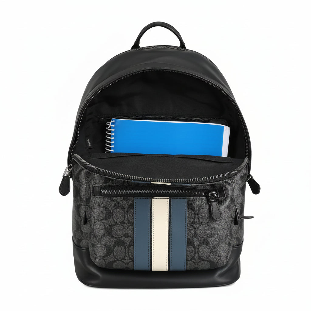 Coach West Signature Canvas Laptop Backpack Black Grey with Varsity Stripe – Premium Designer Travel Backpack