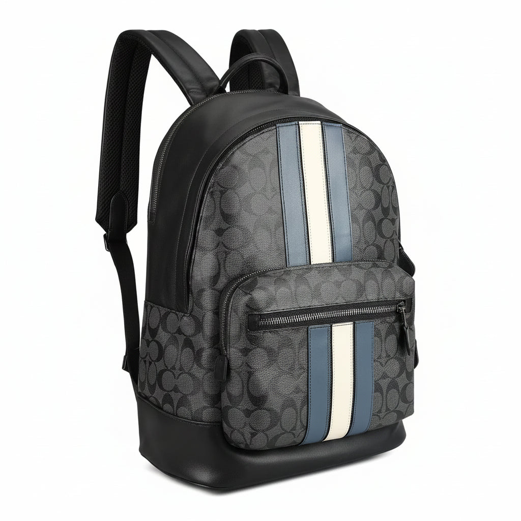 Coach West Signature Canvas Laptop Backpack Black Grey with Varsity Stripe – Premium Designer Travel Backpack
