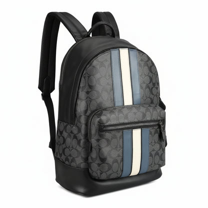 Coach West Signature Canvas Laptop Backpack Black Grey with Varsity Stripe – Premium Designer Travel Backpack