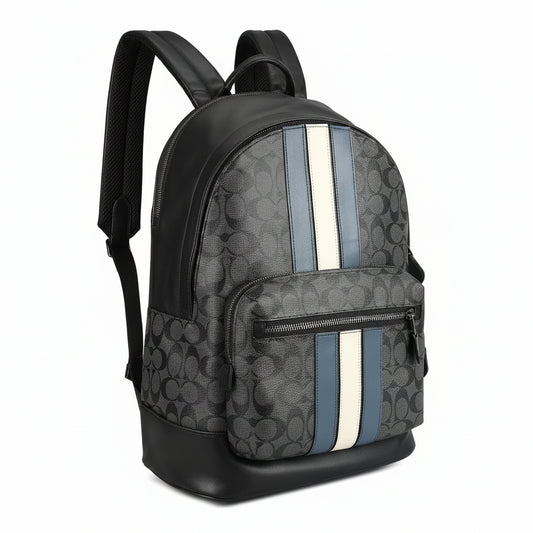 Coach West Signature Canvas Laptop Backpack Black Grey with Varsity Stripe – Premium Designer Travel Backpack