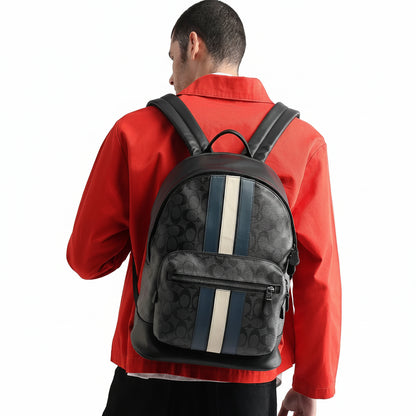 Coach West Signature Canvas Laptop Backpack Black Grey with Varsity Stripe – Premium Designer Travel Backpack