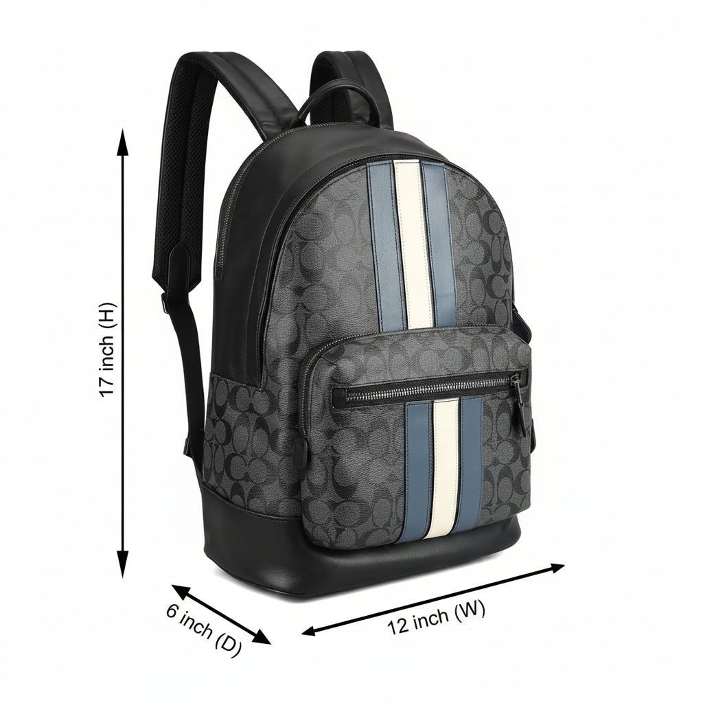 Coach West Signature Canvas Laptop Backpack Black Grey with Varsity Stripe – Premium Designer Travel Backpack