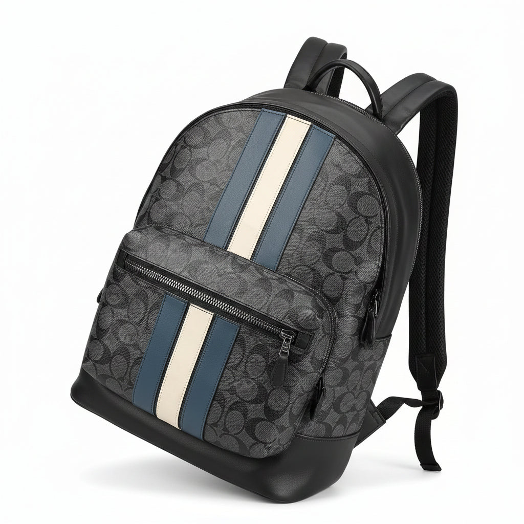 Coach West Signature Canvas Laptop Backpack Black Grey with Varsity Stripe – Premium Designer Travel Backpack