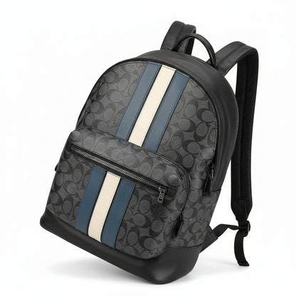 Coach West Signature Canvas Laptop Backpack Black Grey with Varsity Stripe – Premium Designer Travel Backpack