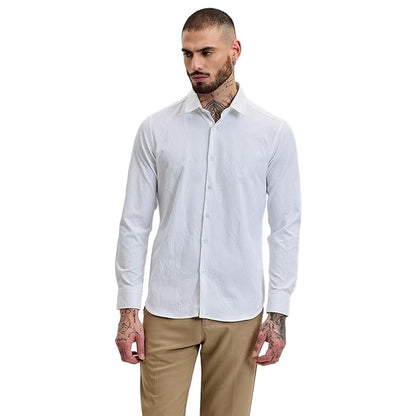 Snitch White Slim Fit Self Design Spread Collar Shirt for Men