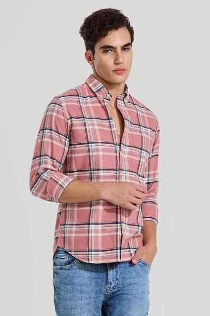 Snitch Pink Checks Button Down Shirt for Men