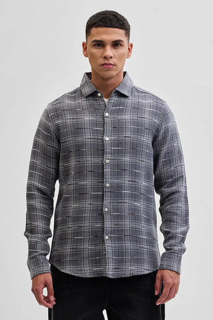 Snitch Grey Slub Textured Checks Shirt for Men