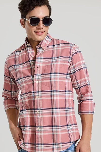 Snitch Pink Checks Button Down Shirt for Men