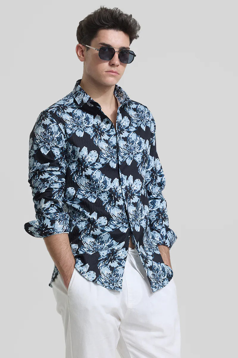 Snitch Black Floral Slim Fit Casual Shirt for Men