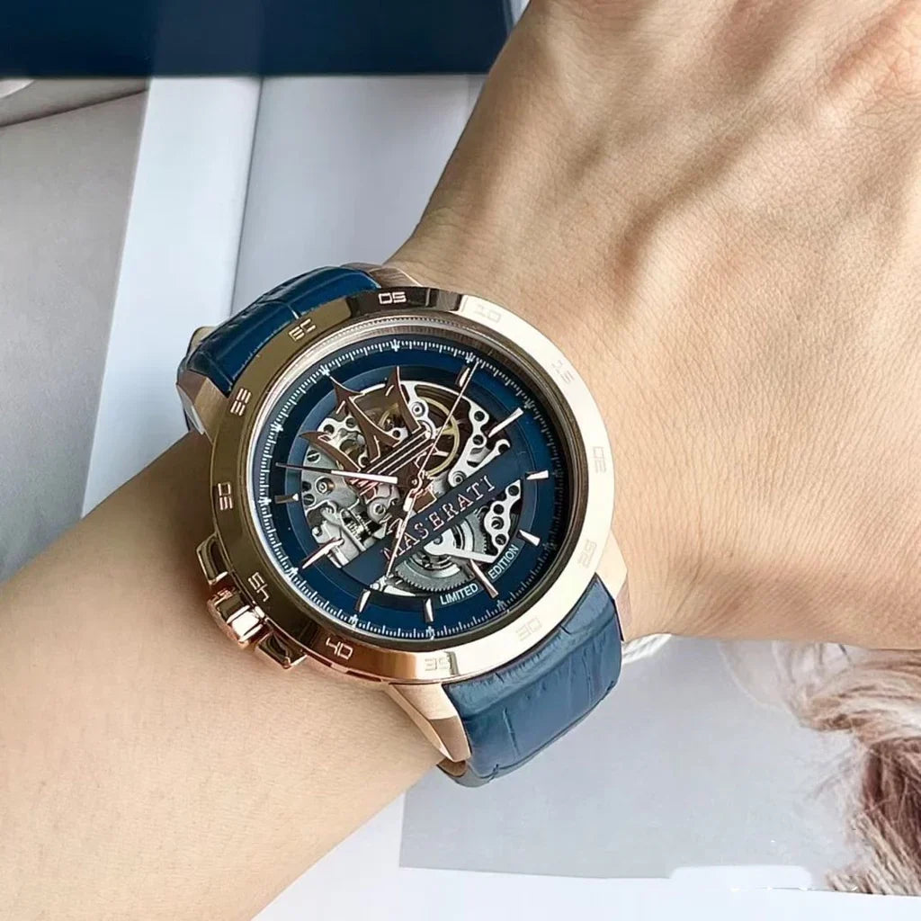 Maserati R8821119005 Automatic Men’s Watch | Skeleton Dial | Blue Leather Strap | Rose Gold-Tone Stainless Steel Luxury Timepiece