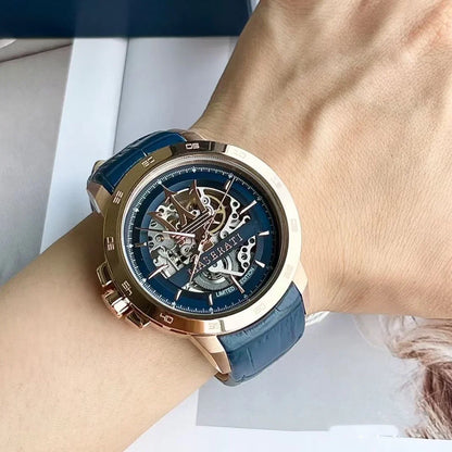 Maserati R8821119005 Automatic Men’s Watch | Skeleton Dial | Blue Leather Strap | Rose Gold-Tone Stainless Steel Luxury Timepiece
