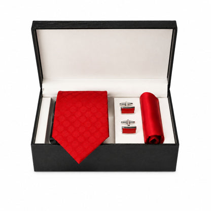 Premium Silk Tie, Pocket Square & Cufflinks Combo Set - Red