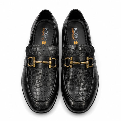 ROSSO BRUNELLO Croc Texture Slip-On Loafers for Men - Black
