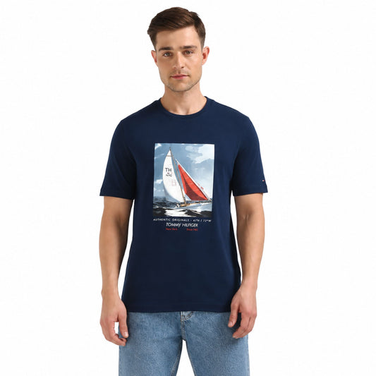 TOMMY HILFIGER Sailboat Print Regular Fit T-Shirt - Navy