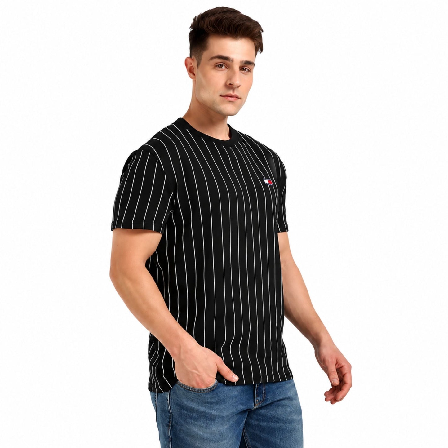 TOMMY HILFIGER Men’s Striped Crew Neck Cotton T-Shirt - Black