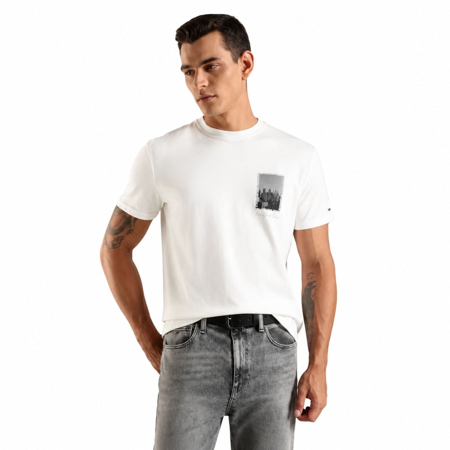 TOMMY HILFIGER Logo Regular Fit Cotton T-Shirt - Ecru
