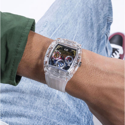 GUESS GW0499G3 Trend Men’s Watch | Rainbow Dial Transparent Case Silicone Strap | 41.5mm Analog Multi-Function Watch