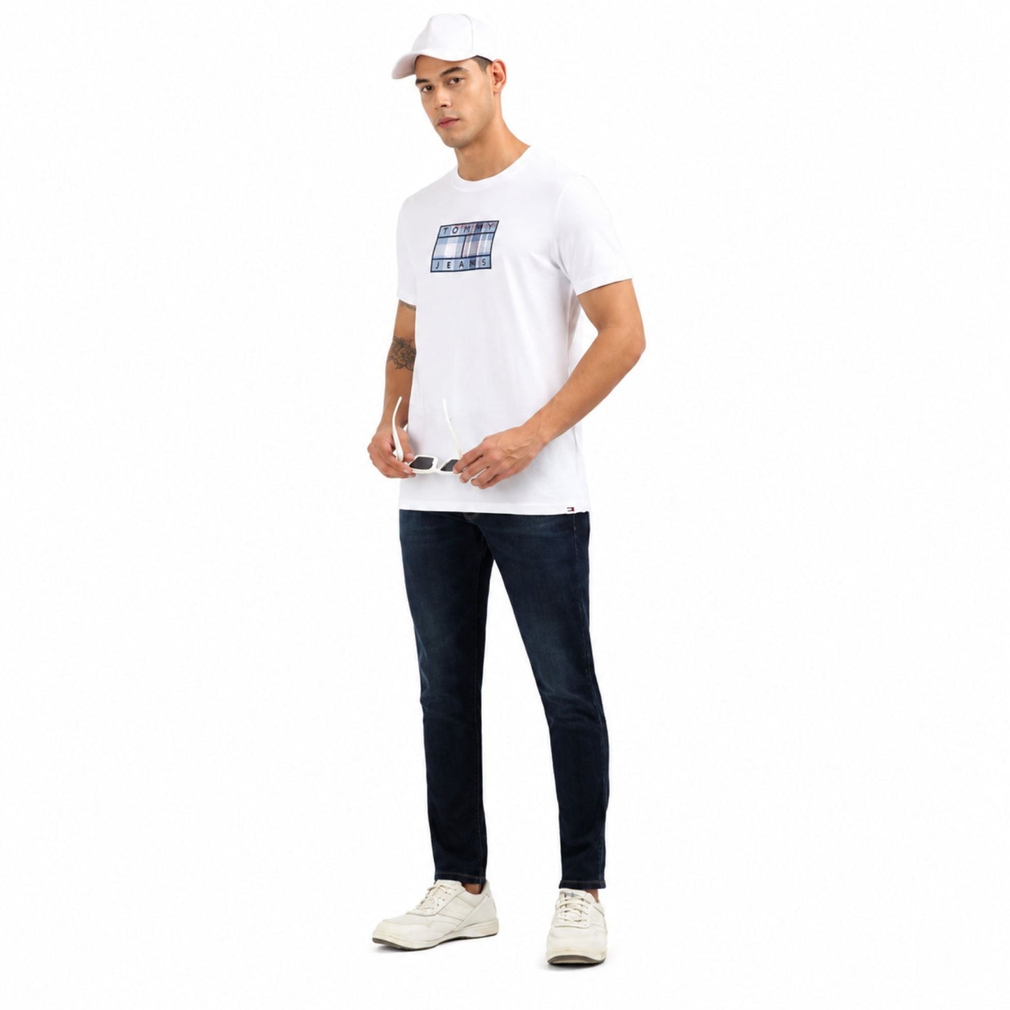 TOMMY HILFIGER Men Checkered Round Neck T-Shirt - White