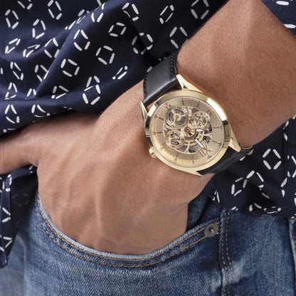 Guess Tailor GW0389G2 Men’s Multifunction Watch – Gold Dial, Black Leather Strap, 42mm Quartz