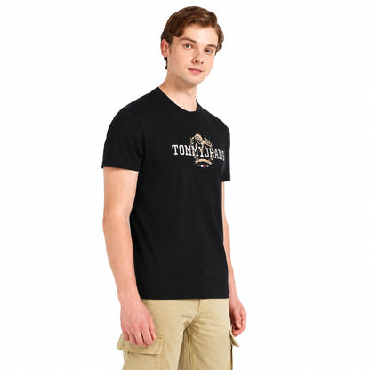 TOMMY HILFIGER Men Printed Round Neck Pure Cotton T-Shirt - Black