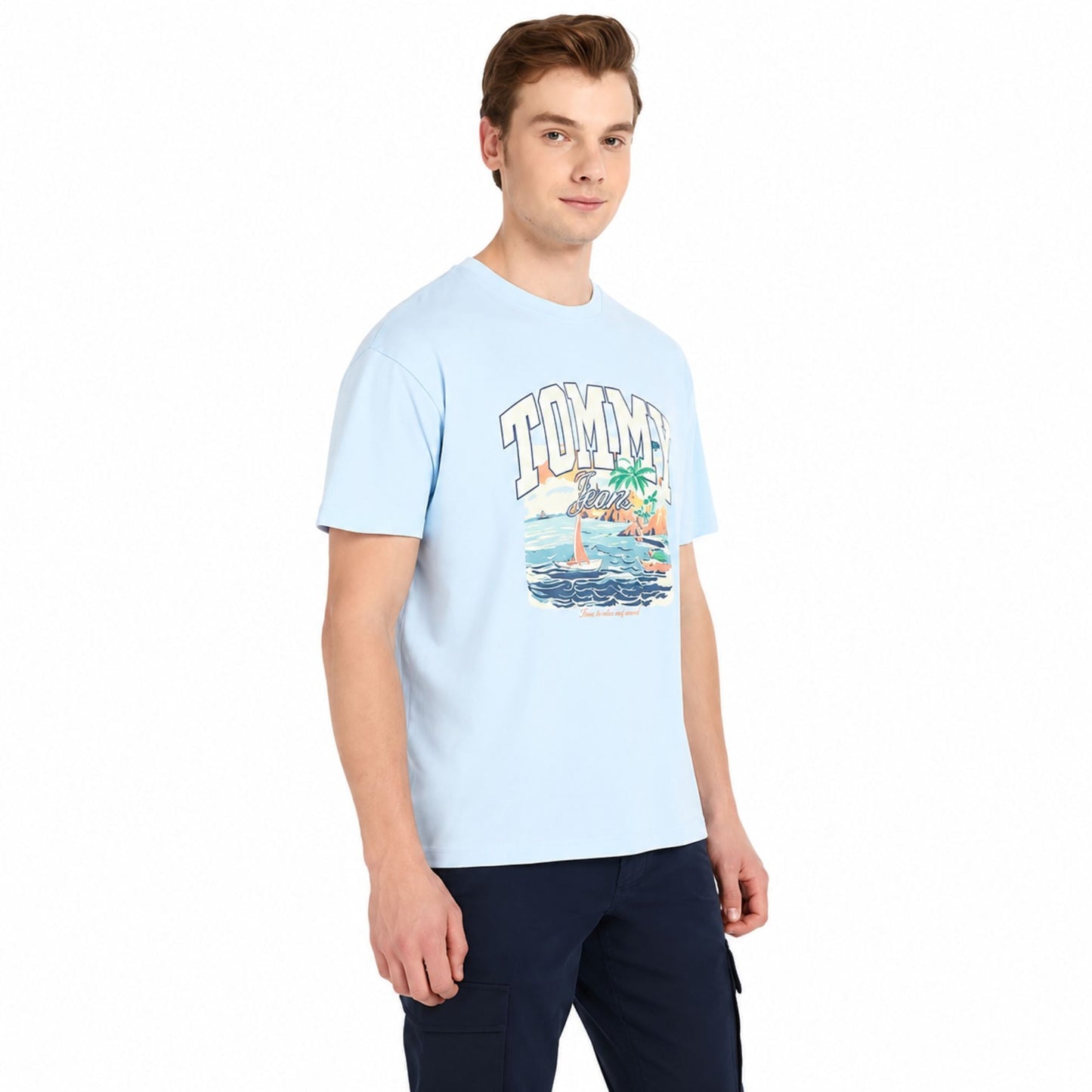 TOMMY HILFIGER Men Graphic Print Crew Neck Cotton Blend T-Shirt - Blue
