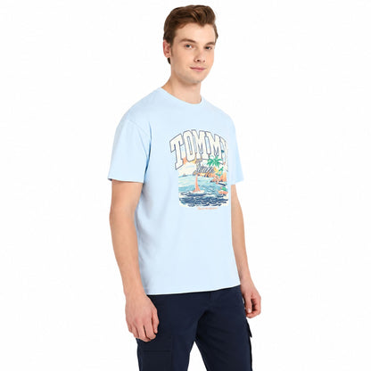 TOMMY HILFIGER Men Graphic Print Crew Neck Cotton Blend T-Shirt - Blue