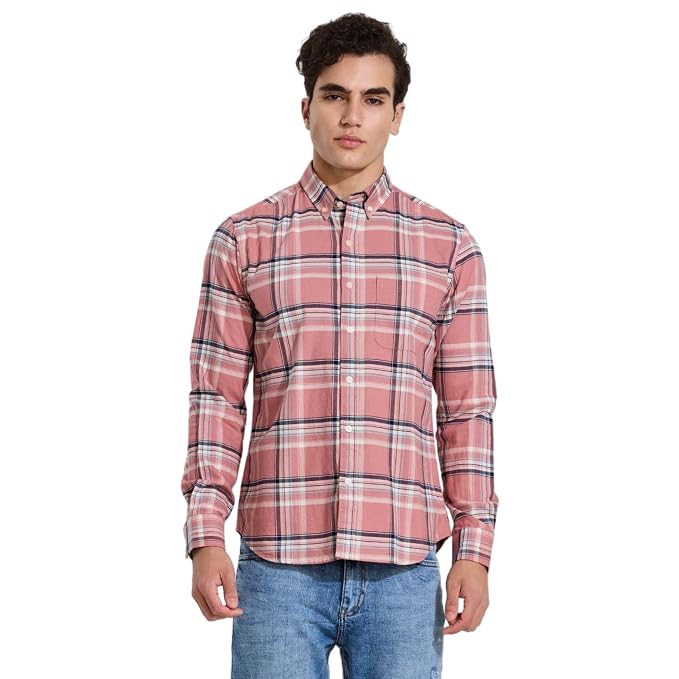 Snitch Pink Checks Button Down Shirt for Men