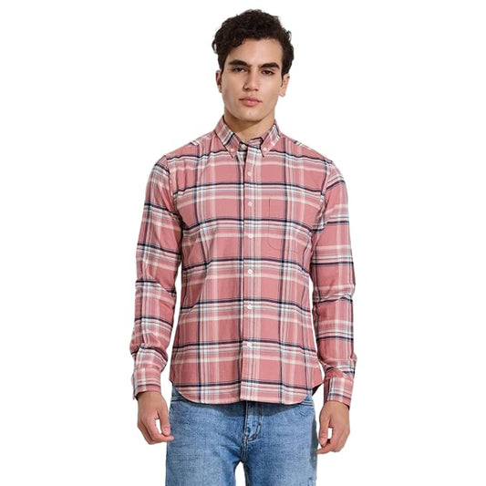 Snitch Pink Checks Button Down Shirt for Men