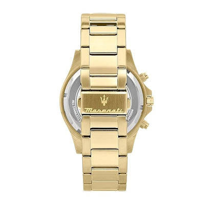 Maserati Sfida R8873640005 Men’s Chronograph Watch – Gold Dial, Green Tachymeter Bezel, Gold Stainless Steel Strap, 44mm Quartz