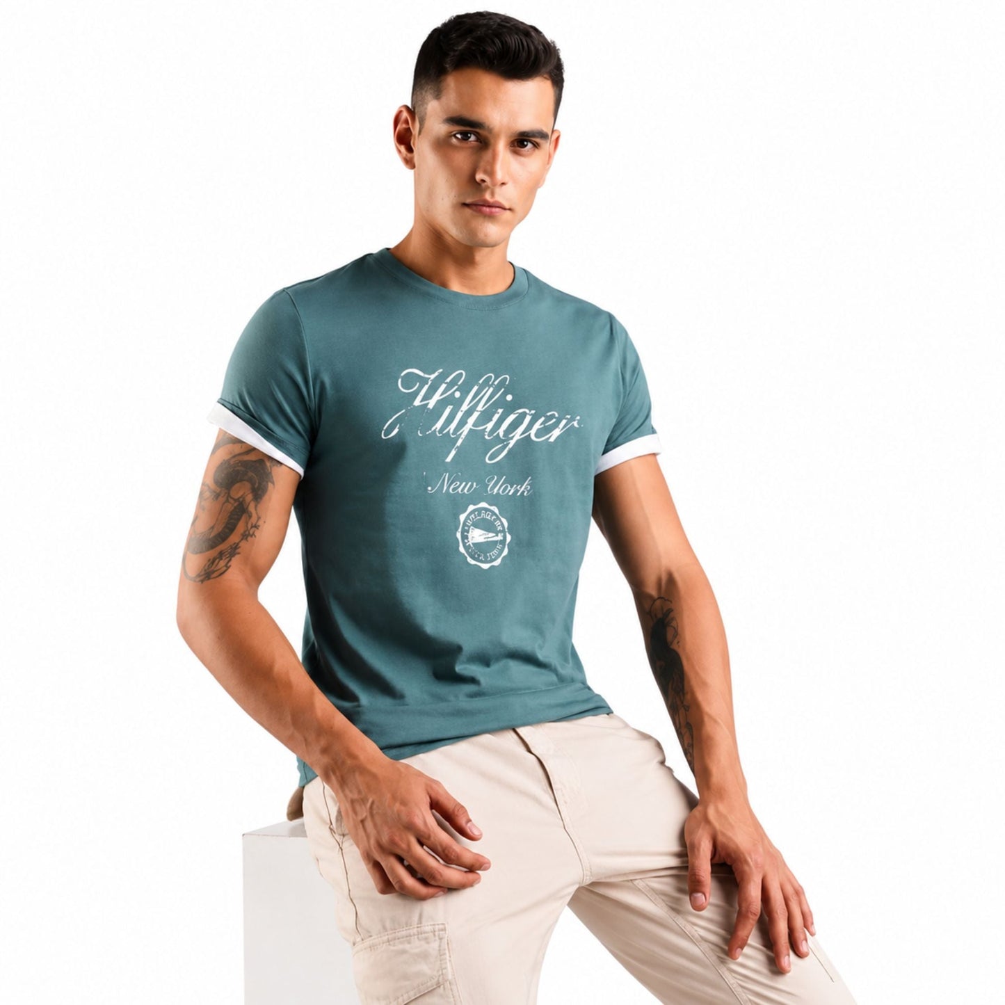 TOMMY HILFIGER Printed Men Crew Neck Cotton T-Shirt - Green