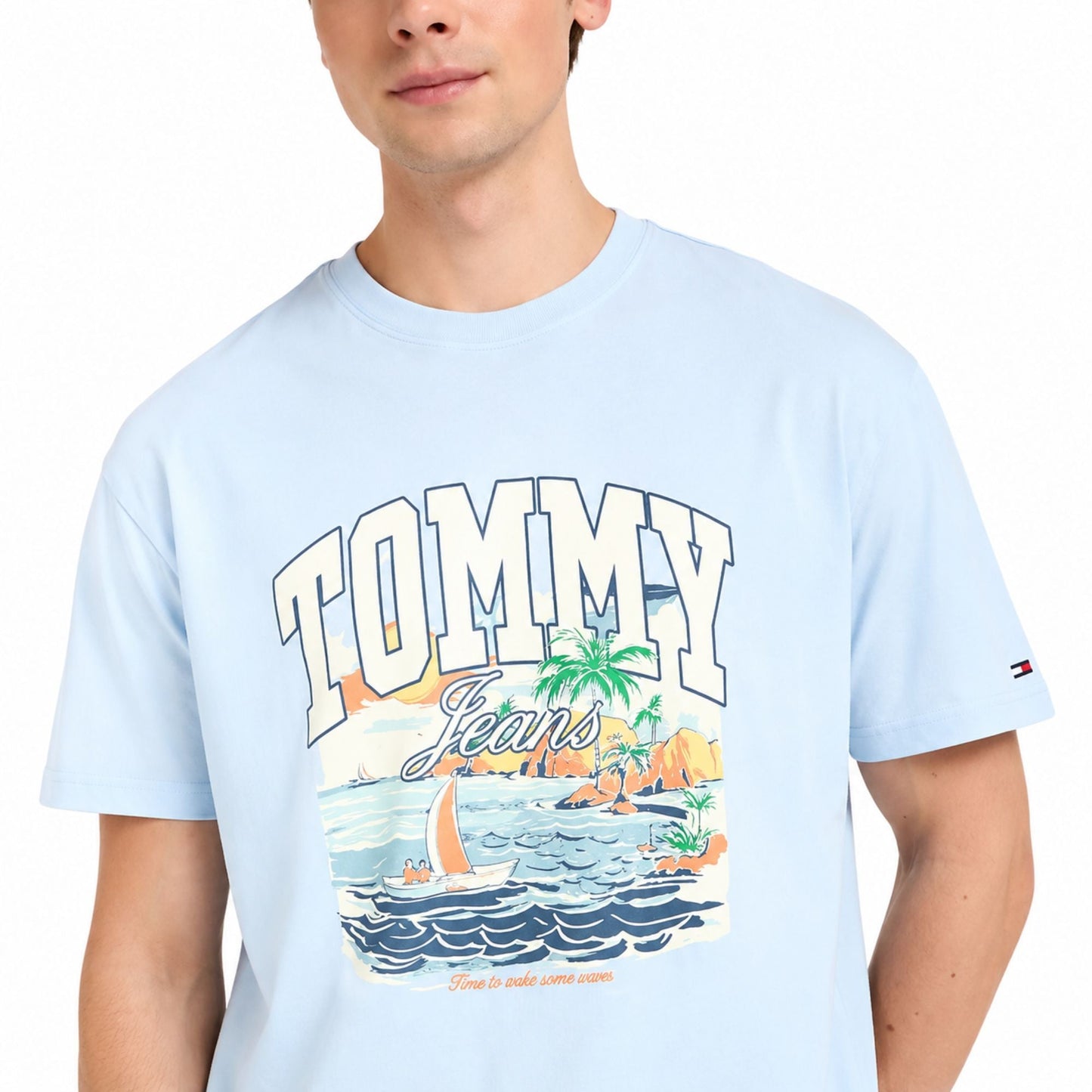 TOMMY HILFIGER Men Graphic Print Crew Neck Cotton Blend T-Shirt - Blue